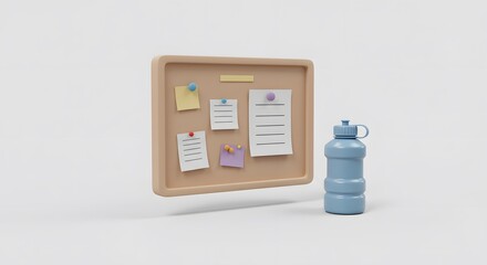 Minimalist 3D render of a planning bulletin board with pinned notes and a water bottle. Concept for organization, goal setting, and healthy habits.