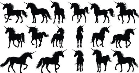 Collection of unicorn silhouettes in various poses, mythical fantasy horses with horns, black vector graphics, magical creatures for illustration use