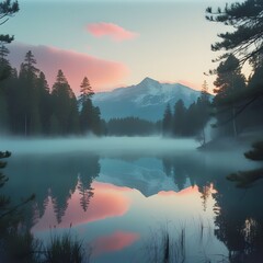 A serene mountain lake surrounded by pine trees, with low-hanging mist rising from the water at sunrise. The still water reflects the colorful sky and mountain peaks. 