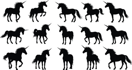Elegant unicorn silhouette collection, mythical horned horse in various poses, black vector design for fantasy, fairy tale, magical illustrations