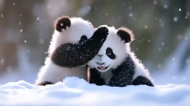 Two playful panda cubs frolic in the snowy landscape, surrounded by a serene forest backdrop