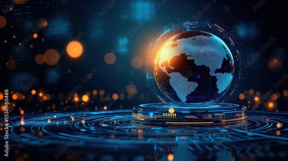 Aufkleber a digital globe with illuminated continents hovers over a futuristic platform, surrounded by glowing