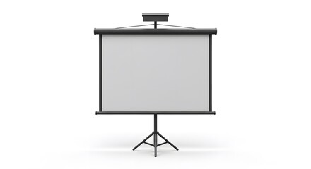 Modern digital display projector screen on a tripod stand, isolated on white for multimedia presentations.