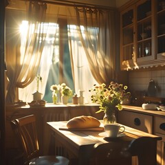 A cozy and realistic kitchen interior bathed in warm morning sunlight. Light beams through a window with sheer curtains, illuminating a wooden table set with fresh bread and a cup of steaming coffee.