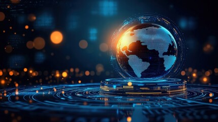 Fototapeta premium A digital globe with illuminated continents hovers over a futuristic platform, surrounded by glowing data and technology-inspired light patterns.