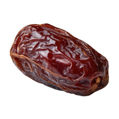 A close up studio shot of a single medjool date with wrinkled skin on a black background surface