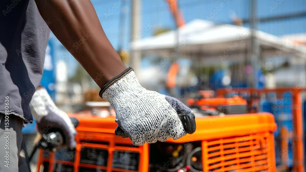 Aufkleber a close-up of an engineer’s gloved hands working on an orange portable generator, with visible vibra