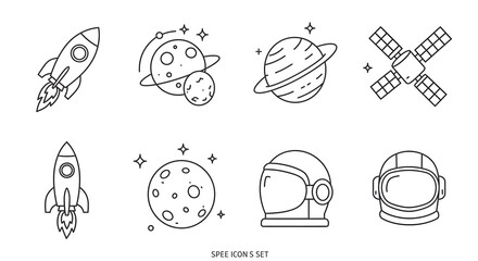 Collection of Flat Line Art Icons Representing Space Exploration, Planets, Rockets, Satellites, and Astronauts