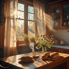 A cozy and realistic kitchen interior bathed in warm morning sunlight. Light beams through a window with sheer curtains, illuminating a wooden table set with fresh bread and a cup of steaming coffee.