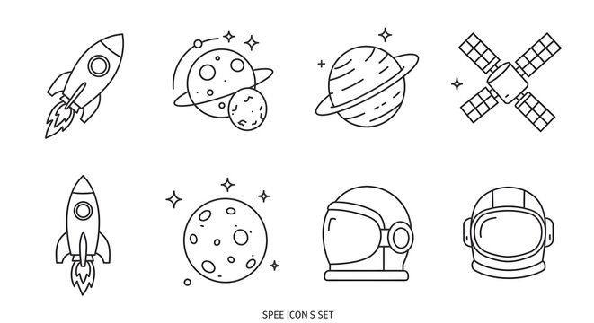 Collection of Flat Line Art Icons Representing Space Exploration, Planets, Rockets, Satellites, and Astronauts