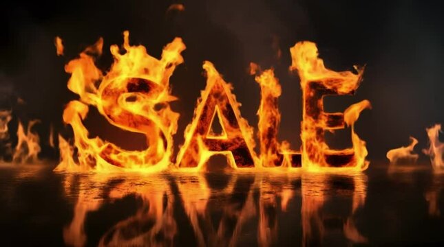 Video SALE banner written in fire on black background	