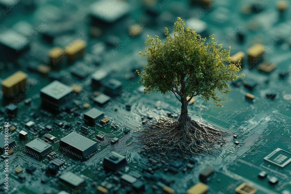 Poster a tree grows from a green computer circuit board with electronic components. it shows technology and