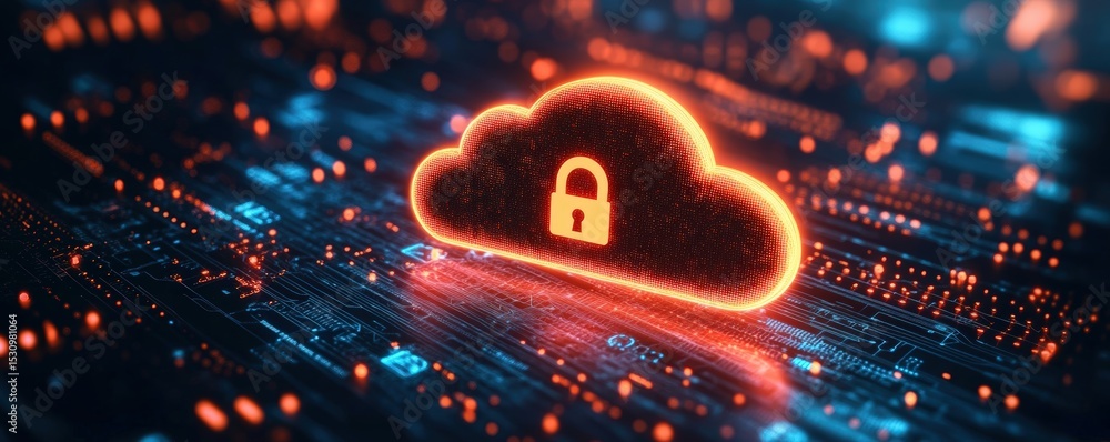 Poster a glowing cloud icon with a padlock symbol represents secure cloud computing over a digital circuit 