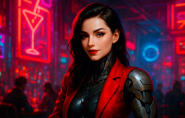 Cyber Assistant Kassandra – Beautiful futuristic female android in a red blazer with glowing neon bar background, combining elegance and technology.