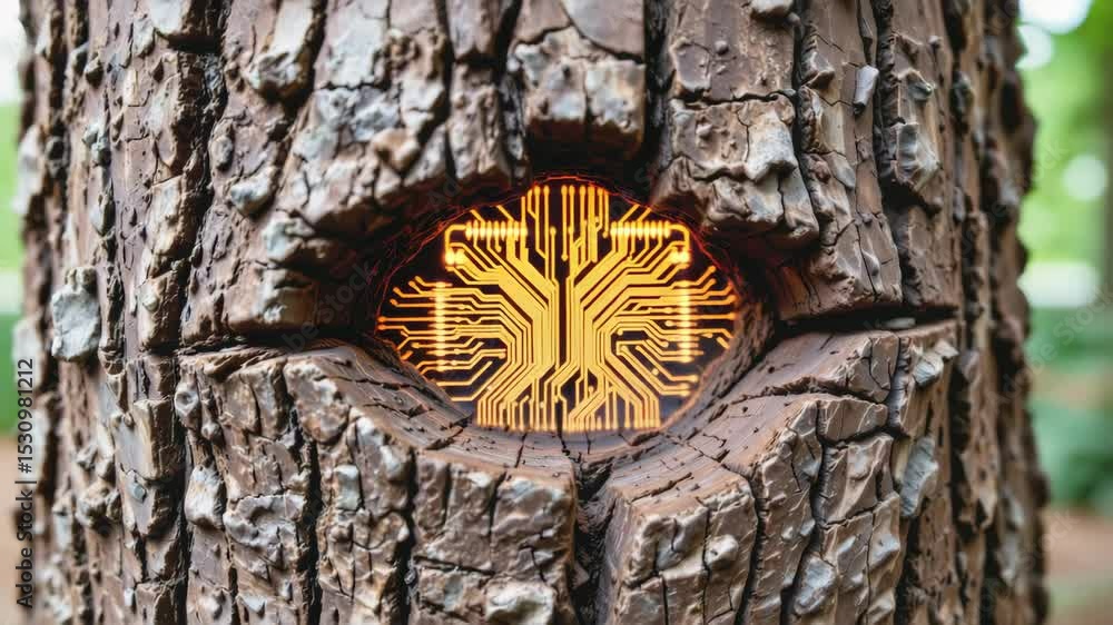 Poster tree bark with an eye featuring a circuit board design inside.