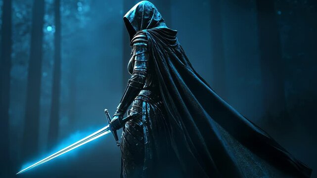 Powerful female knight wearing armor and wielding a glowing sword stands in a dark, mystical forest, her imposing figure radiating strength and mystery