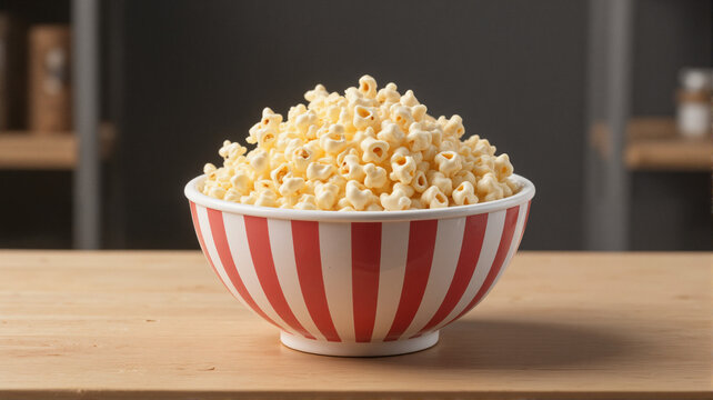 A bowl of popcorn is shown on a table