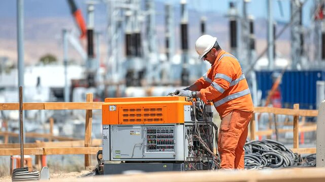 A vibrant orange generator sits on concrete as an engineer in orange gear checks the power output readings, surrounded by field gear, a tool kit, and heavy-duty cabling