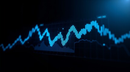 Financial data charts with glowing graphs on a dark background illuminated in blue tones