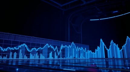Financial data charts with glowing graphs on a dark background illuminated in blue tones