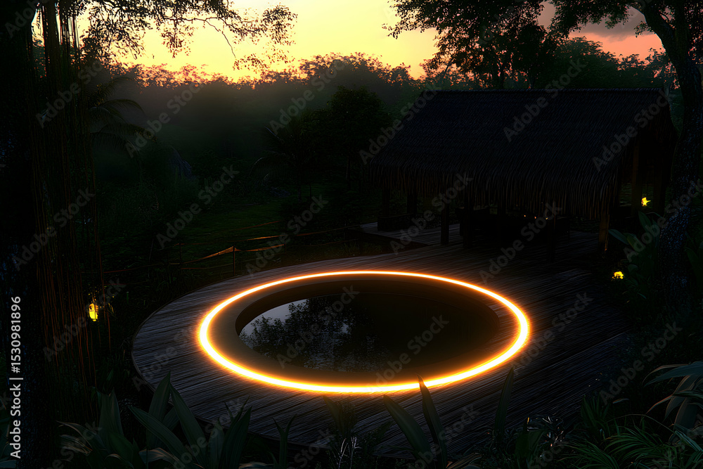 Poster tranquil jungle pool illuminated at sunset. a circular pool with glowing edge, near a thatched hut. 