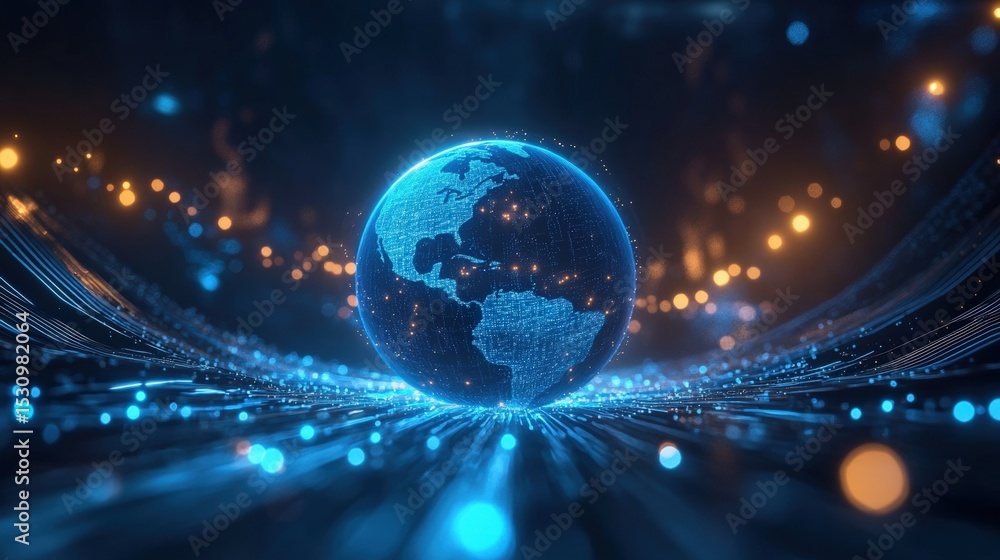 Poster a glowing digital globe hovers over a futuristic network of illuminated nodes and lines in a dark, t
