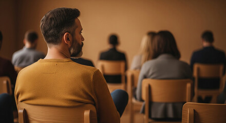 Fototapeta premium Man in mustard sweater sits in wooden chair, back to camera, observing group in blurred background, showcasing quiet contemplation or group therapy session