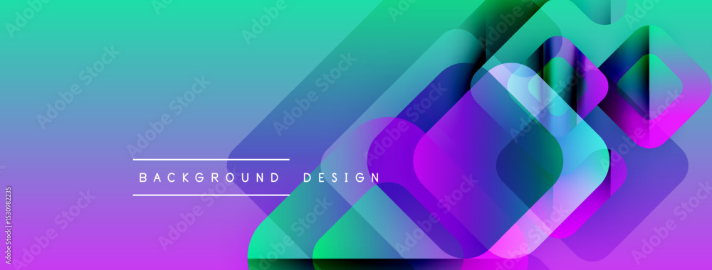 Poster Abstract gradient background features overlapping squares. Vibrant colors blend from purple, turquoise, to green. Modern design element.