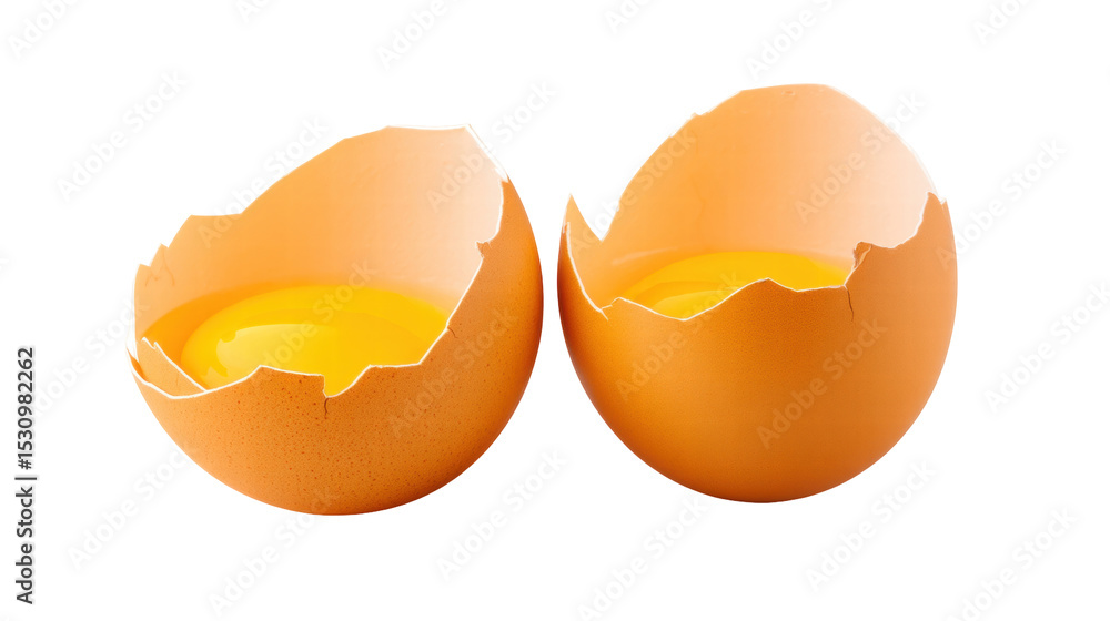 Poster empty broken egg shell on transparent background with fresh yolk inside