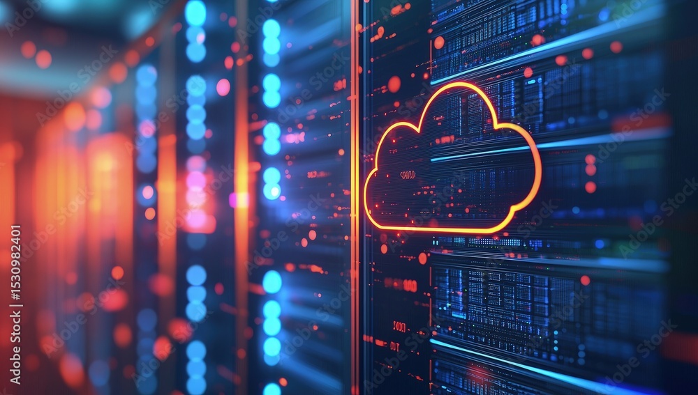 Poster Orange glowing cloud icon over vibrant data server racks with bokeh lighting effects, symbolizing cloud computing, digital network storage, and advanced tech infrastructure