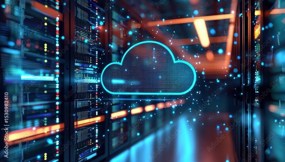 Aufkleber Blue digital cloud icon formed by glowing particles in a futuristic data center, symbolizing cloud technology, digital storage, and high-performance computing systems