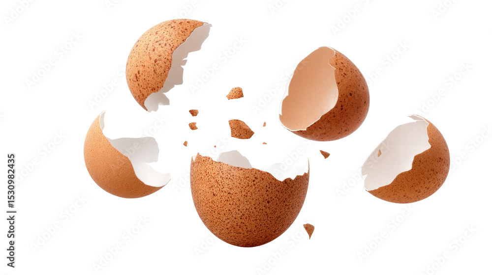 Poster empty broken egg shell isolated on transparent background with scattered pieces