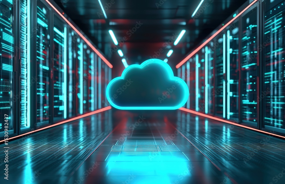 Poster Futuristic glowing cloud icon floating in a high-tech server room, representing cloud computing, digital infrastructure, and modern data center technology applications