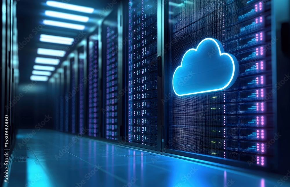 Poster blue neon cloud symbol integrated into a modern server rack in a data center hallway, representing c