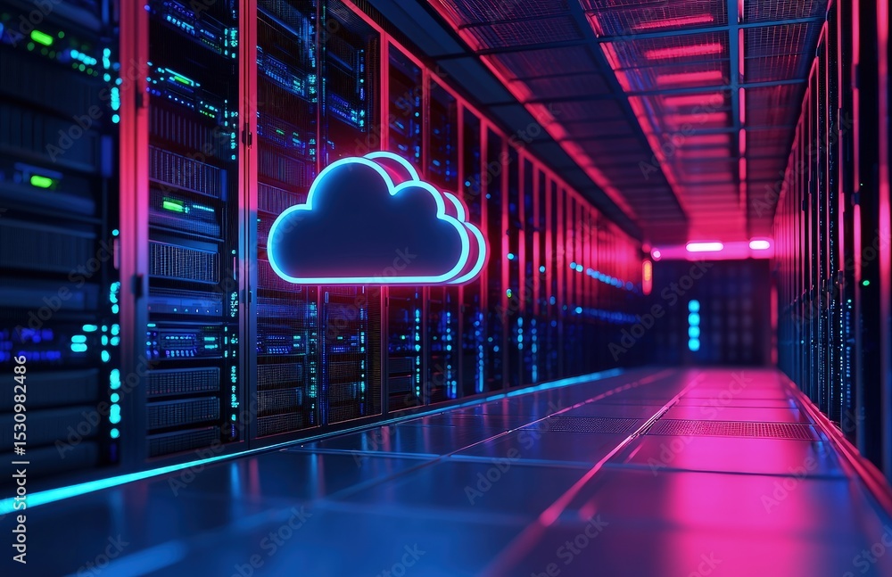 Poster Bright neon cloud icon glowing in a vibrant red-blue illuminated server hallway, illustrating futuristic cloud storage, data processing, and tech infrastructure concepts