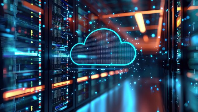 Blue digital cloud icon formed by glowing particles in a futuristic data center, symbolizing cloud technology, digital storage, and high-performance computing systems