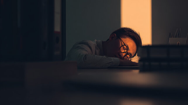 Office worker leans over their desk, appearing to rest during late evening hours in a softly lit environment