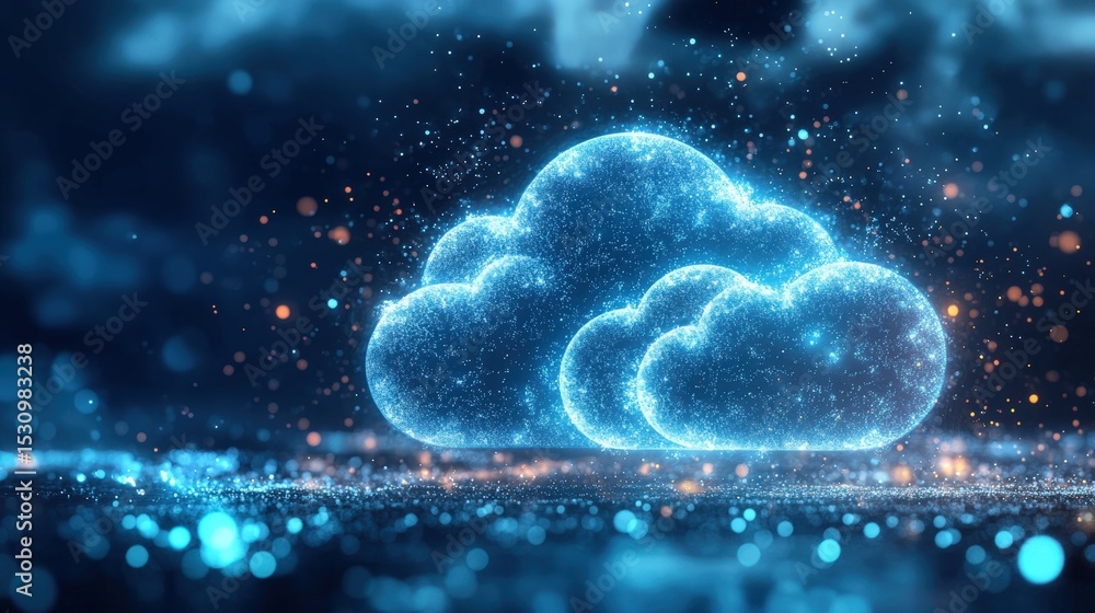 Poster a glowing digital representation of interconnected clouds symbolizing cloud computing and data stora