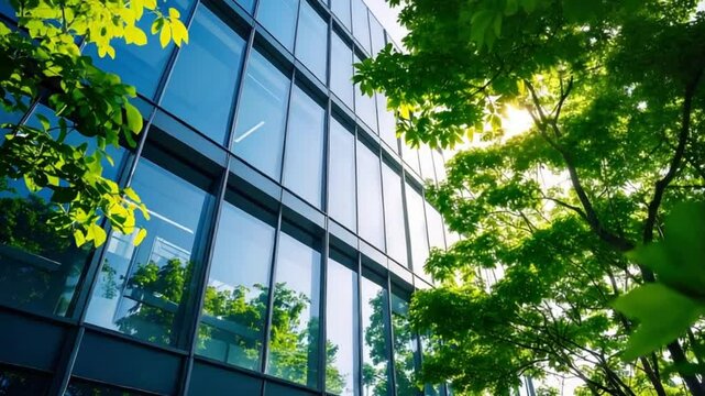 Green trees frame modern glass building; sunlight, urban nature, eco-friendly design