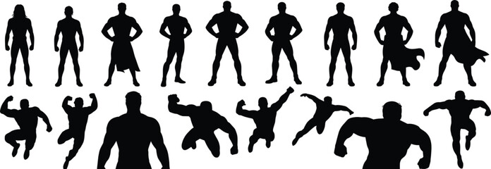 Superhero silhouette collection, vector strong man poses, action hero shadow, muscular figure illustration, flying superhero, heroic pose design