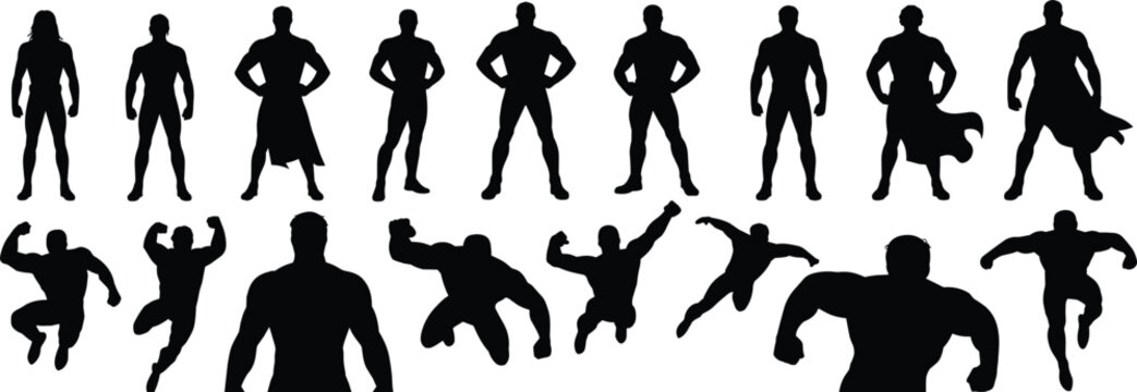 Superhero silhouette collection, vector strong man poses, action hero shadow, muscular figure illustration, flying superhero, heroic pose design