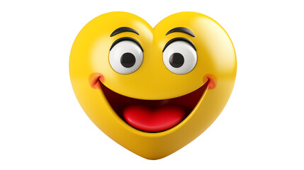 Fototapeta premium A yellow heart shaped emoji with a big smile and wide open eyes on black background