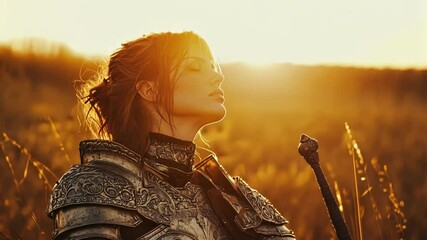 Golden hour sunlight illuminates a female warrior in shining armor, resting peacefully with closed eyes amidst a field of tall grass, her sword planted firmly in the ground beside her