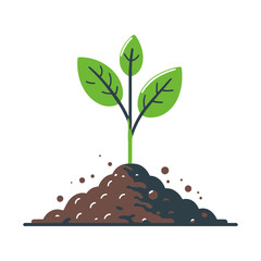 small green sprout with three leaves emerging from a mound of brown soil. Ideal for websites/blogs about gardening, growth, nature, sustainability, or new beginnings.