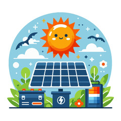 cute smiling sun above a solar panel and two batteries, with clouds and birds in a sky. Ideal for websites/blogs about solar energy, sustainability, green power, or environmental solutions.