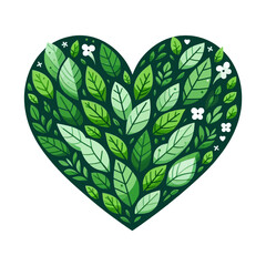 heart shape filled with various green leaves and small white flowers, symbolizing nature and health. Ideal for websites/blogs about ecology, environment, wellness, organic products, or sustainable