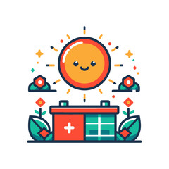 cute smiling sun illuminates a battery with positive and negative terminals, surrounded by flowers and leaves. Ideal for websites/blogs about solar energy, sustainability, green power
