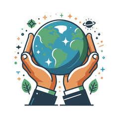 Hands cupping the Earth, surrounded by stars, planets, and leaves, symbolizing global care. Ideal for websites/blogs on environmental protection, sustainability, ecology, earth day, or conservation 