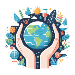 Hands cradling Earth, surrounded by environmental elements like water, sun, leaves, and flowers. Ideal for websites/blogs on environmental protection, sustainability, ecology, earth day