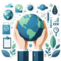 Hands cradling the Earth, surrounded by symbols of sustainability and progress, ideal for websites or blogs on environmental protection, global issues, health, and corporate responsibility.

